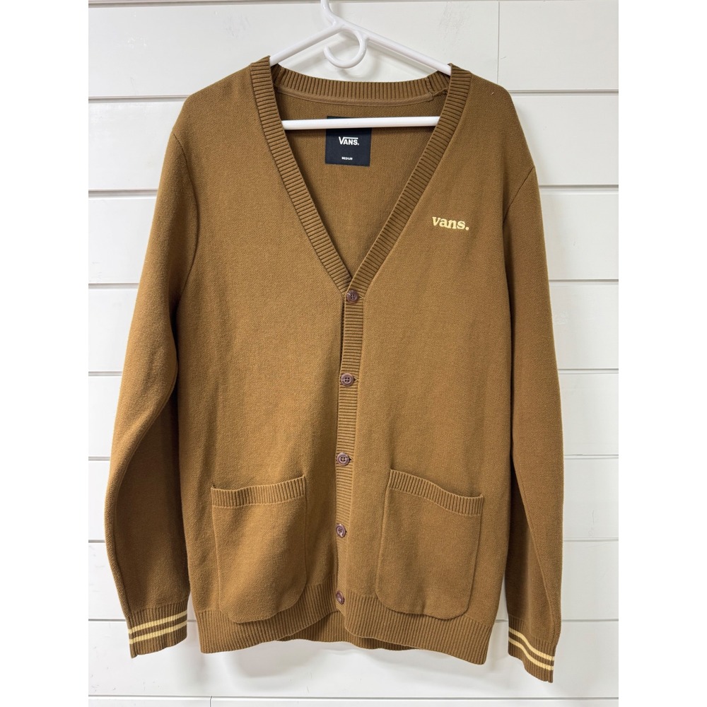 Vans Mens Cotton Knit Cardigan Sweater Brown Button Front Logo Size Medium